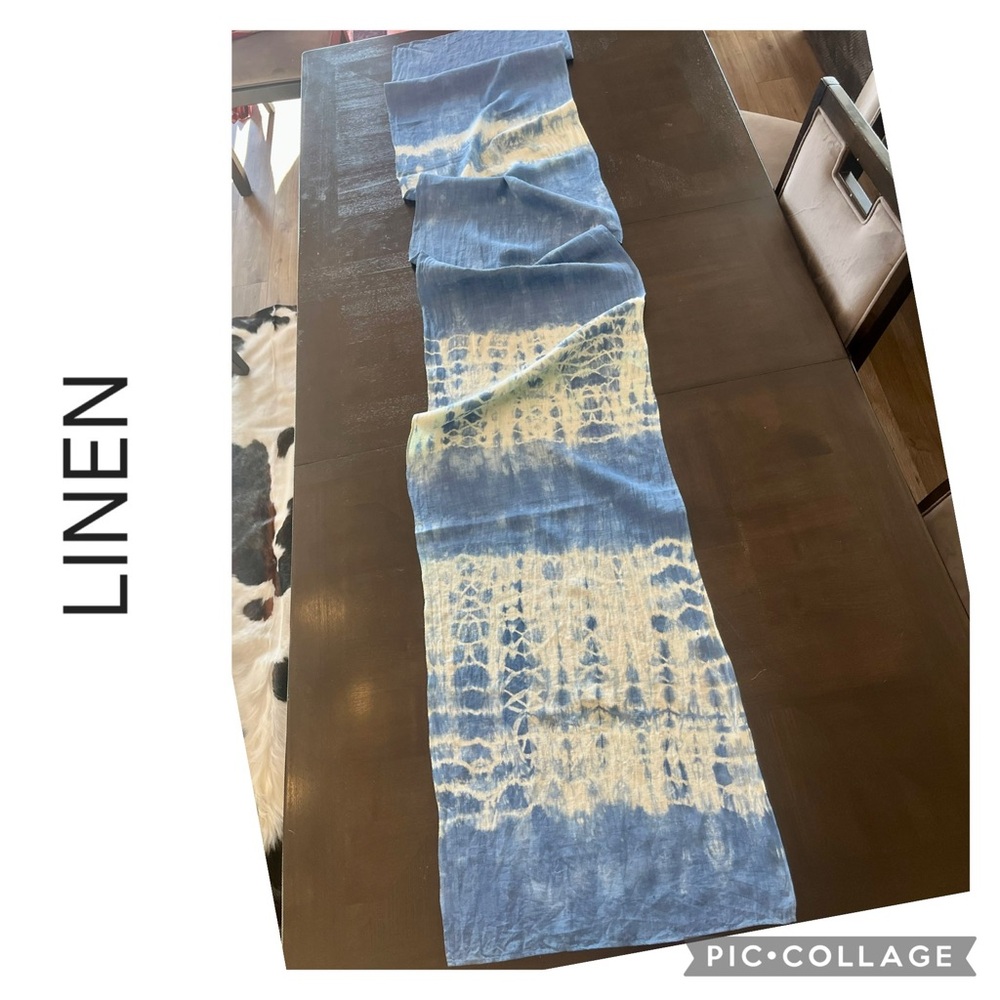 100% Linen Hand-Dyed Shibori Table Runner Blue Cream Boho Coastal 18x100